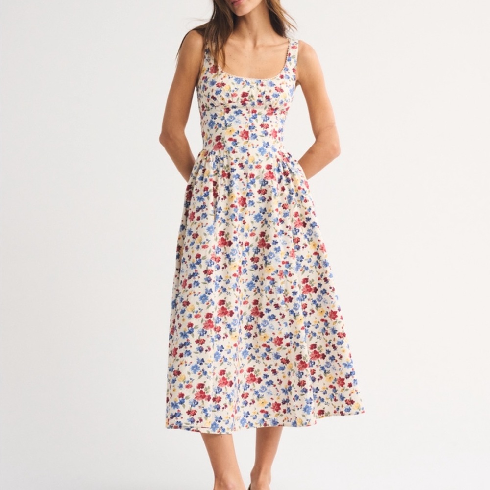 Abercrombie & Fitch Cream Floral Midi Dress with Red & Blue Blooms